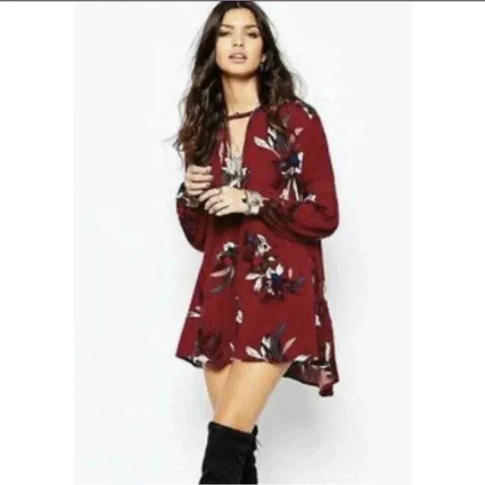 Free People Tree Swing Tunic Amber (Red) Combo Boho Floral Size XS
